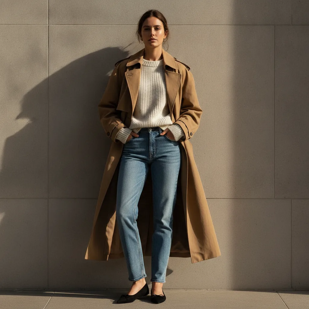 Woman in camel coat, editorial